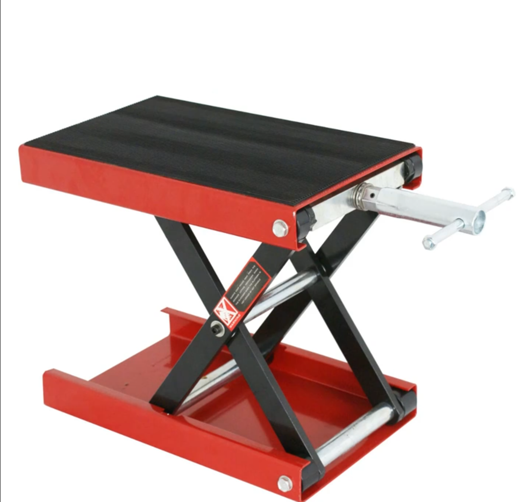 A "Free shipping US Motorcycle Jack Bike Scissor Floor 9" Wide Deck Hoist Lift Stand 1100Lb with Saddle Lift Dirt Bike accessories", but with no wheels